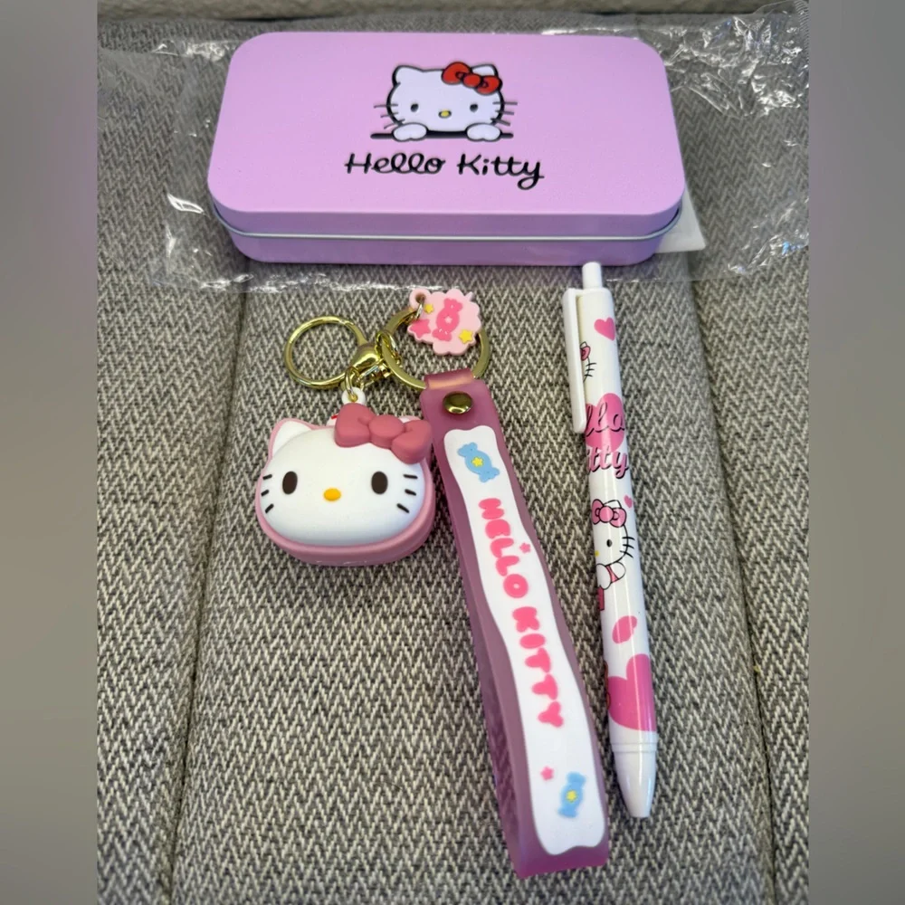 Hello Kitty Makeup Brush Set In Tin Case + Hello Kitty Key Chain and Pen Bundle - Picture 2 of 13